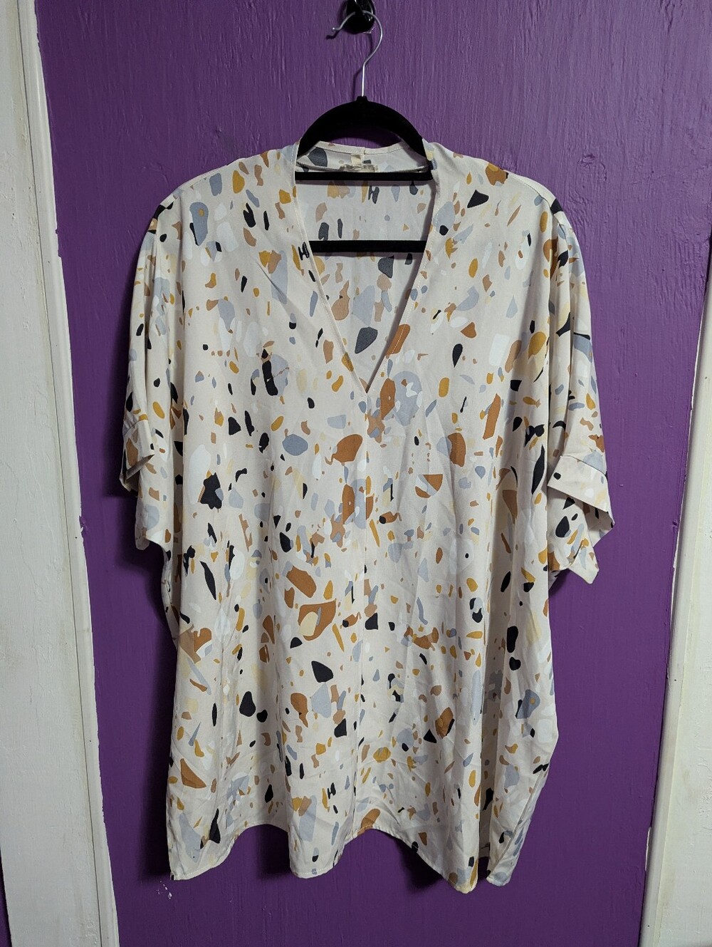 29. JODIFL Cream Brown Grey Speakled Pattern Short Sleeve Tunic Top 1X 16 18